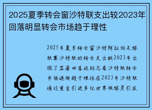 2025夏季转会窗沙特联支出较2023年回落明显转会市场趋于理性