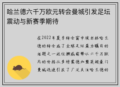 哈兰德六千万欧元转会曼城引发足坛震动与新赛季期待
